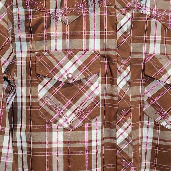 Cowgirl Hardware Sz S Brown Pink Metallic Plaid Studded Pearl Snap Western Shirt - Picture 4 of 9